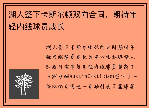 湖人签下卡斯尔顿双向合同，期待年轻内线球员成长